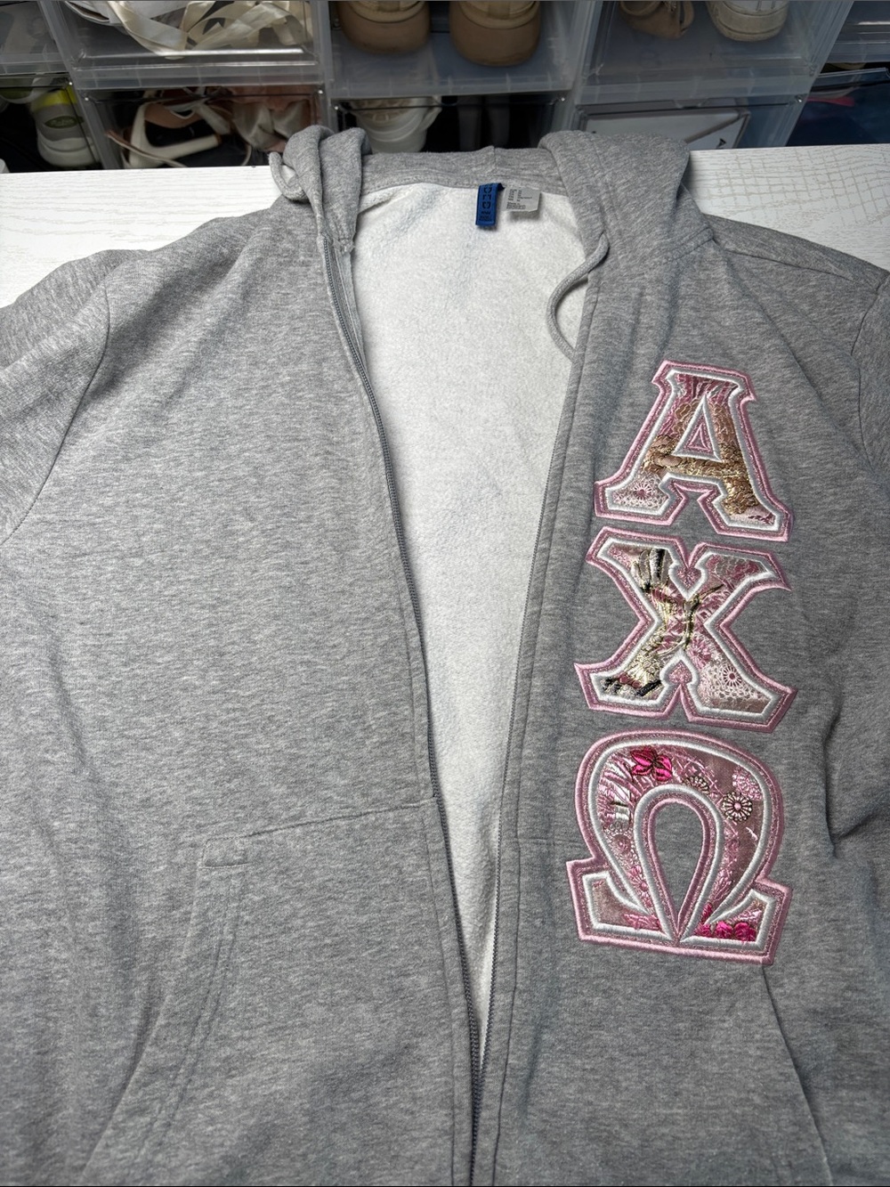 Divided Gray Zip Hoodie with Pink Alpha Chi Omega Embroidered Appliqué